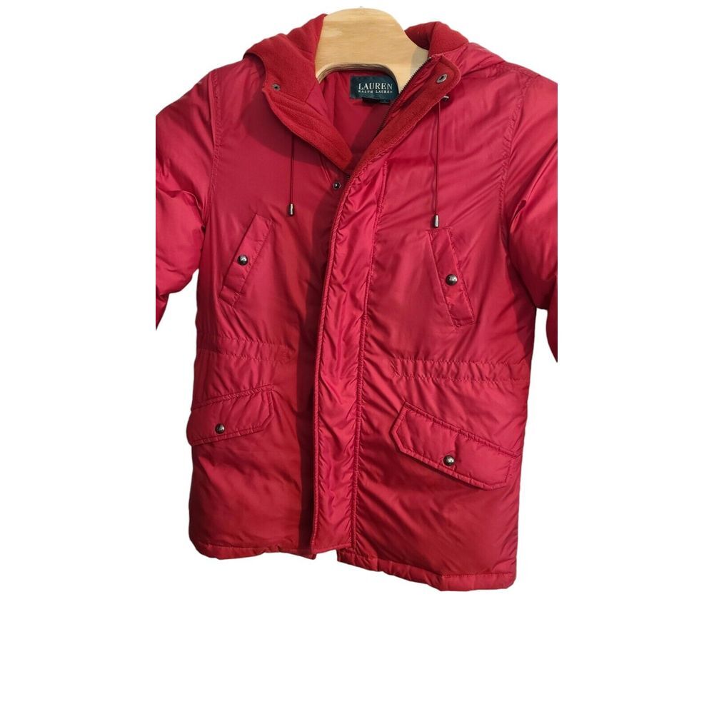 Ralph Lauren Down Womens Jacket Medium Red Stretch Packable Full Zip Hood‎